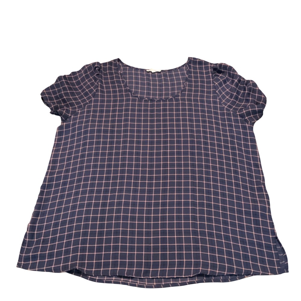 Maurices Plus Size 0X Navy Pink Windowpane Grid Puff Sleeve Blouse Preppy Office